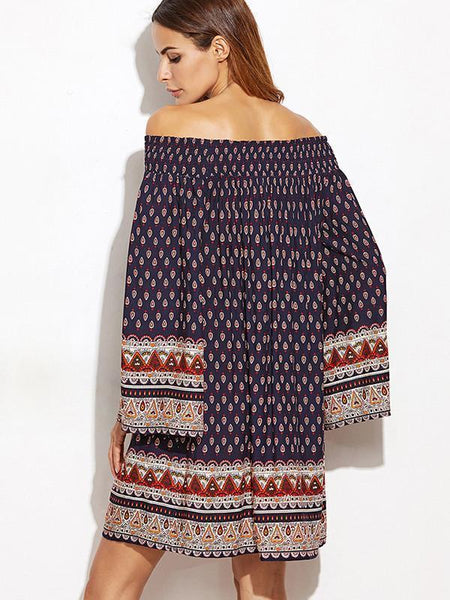 Retro Fashion Floral-Print Off-Shoulder Long Sleeve Plus Loose Mini Dress