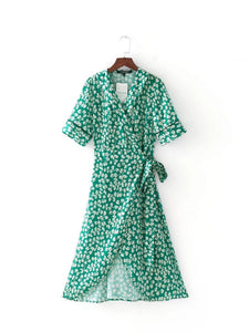 V-NECK GREEN FLORAL HALF-SLEEVE BOHO LONG DRESS