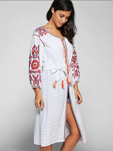 2 Colors Bohemian embroidery tassel linen long dress