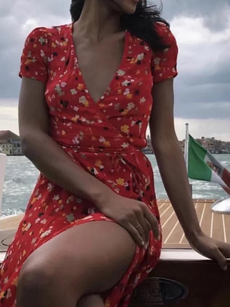 New short-sleeved printed beach long female cross V-neck short sleeve dress