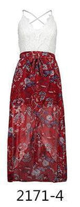 Lace Stitching Printed Sling V-neck Holiday Style Chiffon Midi Dress
