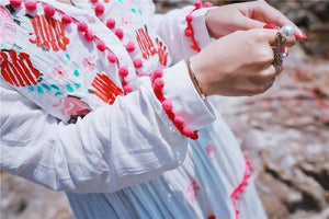 Floral Embroidered Hippie White Long Sleeve Pompom Maxi Dress