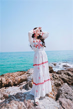 Load image into Gallery viewer, Floral Embroidered Hippie White Long Sleeve Pompom Maxi Dress