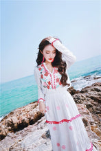 Load image into Gallery viewer, Floral Embroidered Hippie White Long Sleeve Pompom Maxi Dress