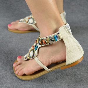 Ethnic Style Women Summer Bohemian Stone Bead Flat Sandals