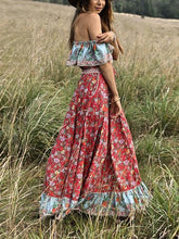 Load image into Gallery viewer, Red Off-the-shoulder Bohemia Maxi Chiffon Floral Print Dress Beach Style Vacation Dress