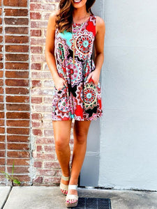 Boho Printed Sleeveless Pullover Dress