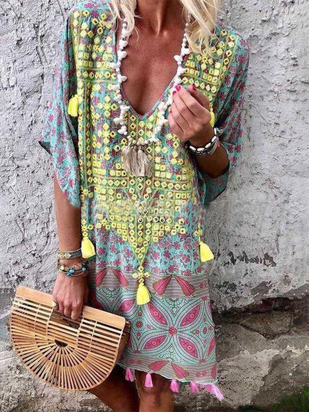 Bohemian V-neck Print Midi Dress