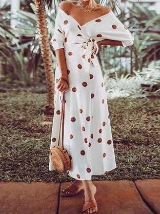 Sexy V-neck Floral Off-the-shoulder Medium Sleeve Midi Dress