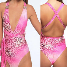 Load image into Gallery viewer, Pink Leopard Print Sexy Backless One-piece Bikini