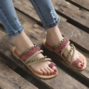 Boho Beach National Style New Large Size Flat with Women Sandals