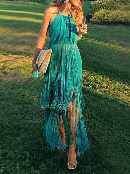 Solid Color Tassel Sling Zip Open Back Stitching Midi Dress