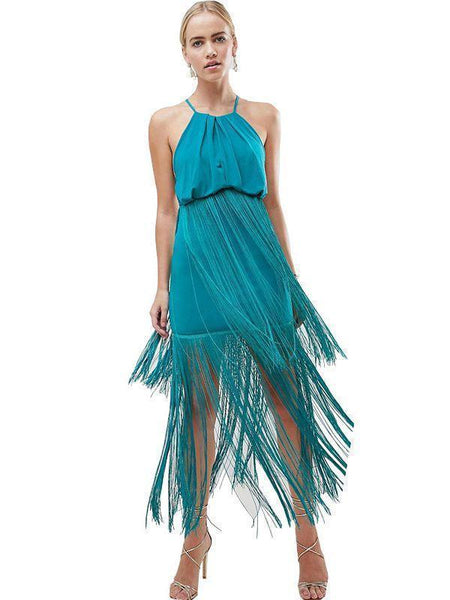 Solid Color Tassel Sling Zip Open Back Stitching Midi Dress