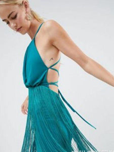 Solid Color Tassel Sling Zip Open Back Stitching Midi Dress