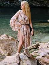 Load image into Gallery viewer, One-shoulder Sleeve Ruffled Lace Stitching Bohemian Dress