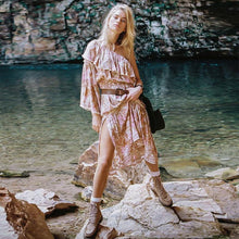 Load image into Gallery viewer, One-shoulder Sleeve Ruffled Lace Stitching Bohemian Dress