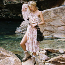 Load image into Gallery viewer, One-shoulder Sleeve Ruffled Lace Stitching Bohemian Dress
