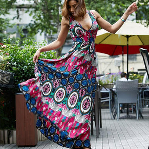 Boho National V-neck Print Large Size Beach Long Dress