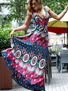 Boho National V-neck Print Large Size Beach Long Dress