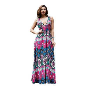 Boho National V-neck Print Large Size Beach Long Dress