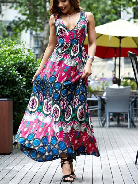 Boho National V-neck Print Large Size Beach Long Dress