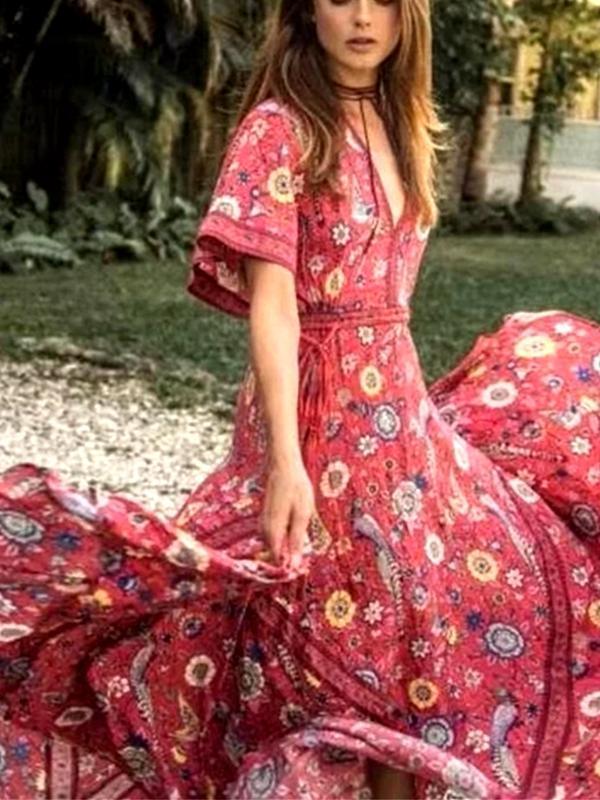 Bohemian Holiday Wind Dress Retro Peacock Print Lace Long Dress-1