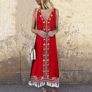 Bohemian V-neck Print Tassel Holiday Long Dress