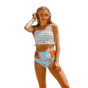 High Waist Covered Belly Slim Printed Bikini