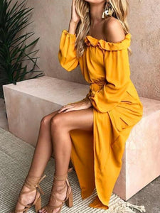 Strapless Ruffled Pleated Split Dress with One-shoulder Long Dress