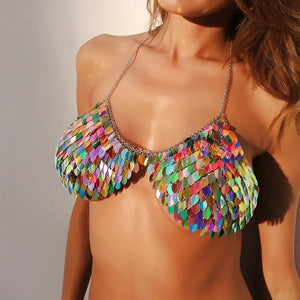 Open Back Color Leaves Hanging Neck Beach Bikini Top