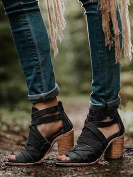Plain Chunky High Heeled Peep Toe Date Travel Platform Sandals