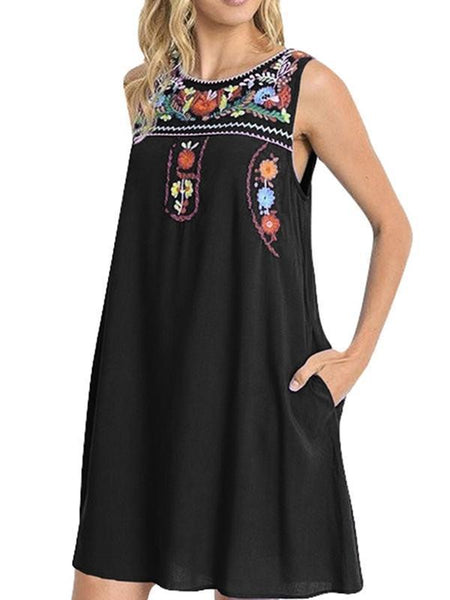 Sleeveless Round Neck Cotton and Linen Embroidered Midi Dress