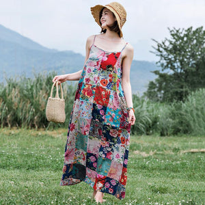 Bohemian Sling Print Stitching Long Dress