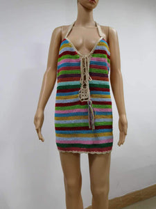 Colorful Striped Halter Knit Sexy Mini Dress