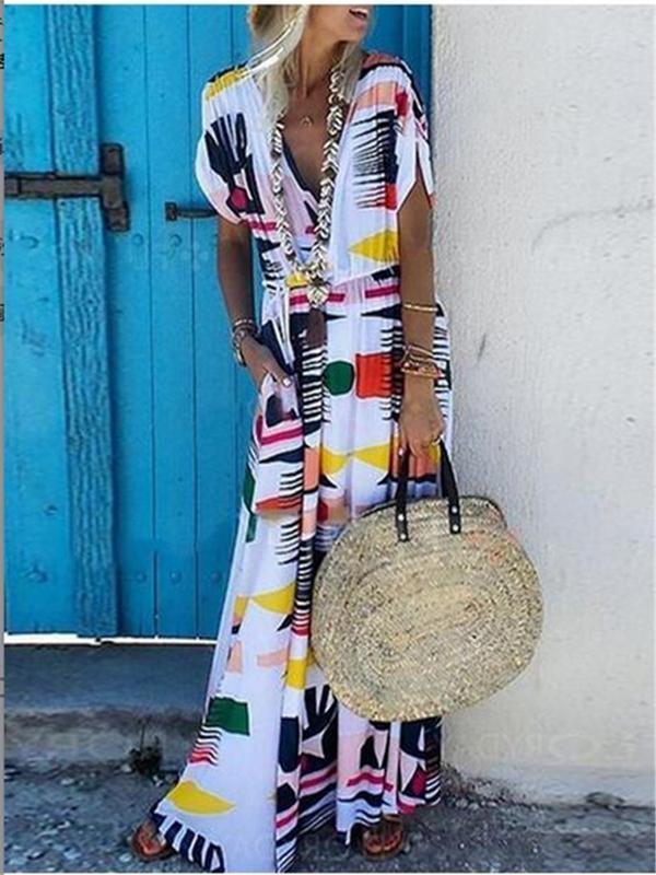 Printed Short-sleeved V-neck European and American Casual Long Dress