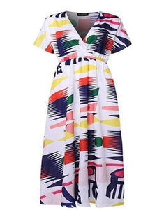 Printed Short-sleeved V-neck European and American Casual Long Dress