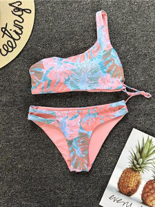 One Shoulder Straps Painted Print Sexy Bikini