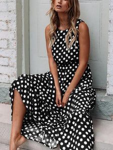 Fashion Printed Wave Point Round Neck Long Dress
