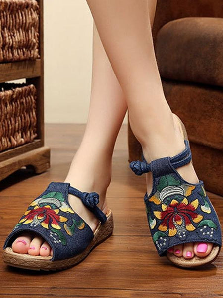 Ethnic Style Wedge with Non-slip Fish Mouth Type Embroidered Sandals and Slippers