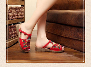 Ethnic Style Wedge with Non-slip Fish Mouth Type Embroidered Sandals and Slippers