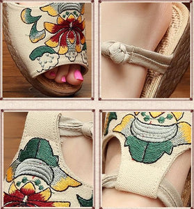 Ethnic Style Wedge with Non-slip Fish Mouth Type Embroidered Sandals and Slippers