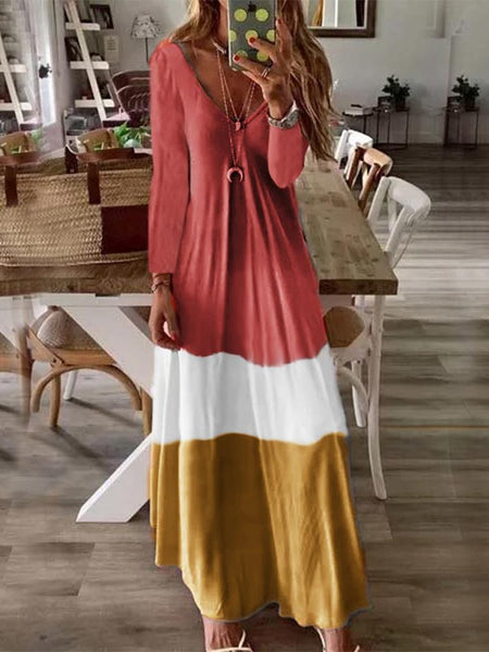 Large Size Loose V Neck Long Sleeve Long Dress