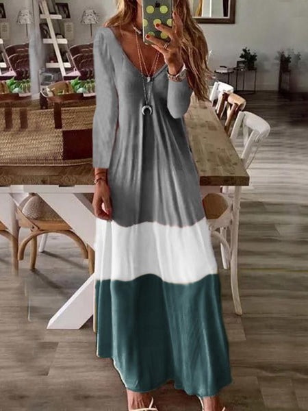 Large Size Loose V Neck Long Sleeve Long Dress