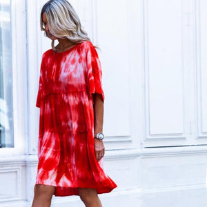 Round Collar Middle Sleeve Tie-dyed Loose Dress