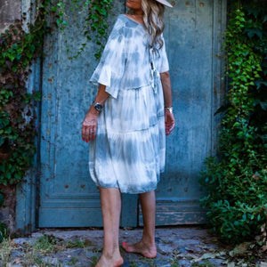 Round Collar Middle Sleeve Tie-dyed Loose Dress