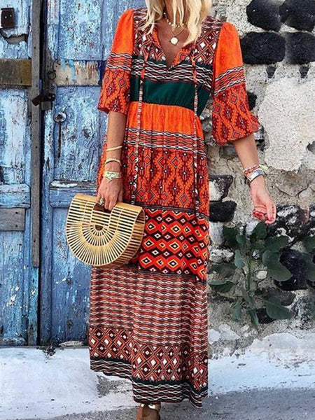 Bohemian Loose V Neck Print Long Dress