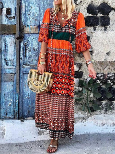 Bohemian Loose V Neck Print Long Dress
