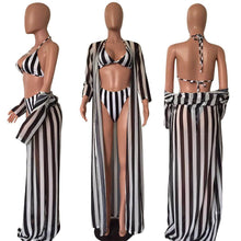 Load image into Gallery viewer, Sexy Black and White Striped Split Swimsuit Bikini Chiffon Cloak Three Piece Suit