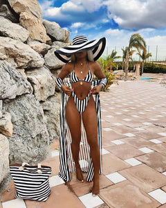 Sexy Black and White Striped Split Swimsuit Bikini Chiffon Cloak Three Piece Suit