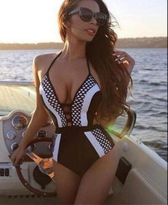 Halter Black and White Color One Piece Swimsuit